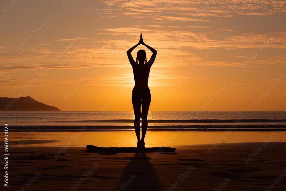 On a secluded beach, a fitness enthusiast demonstrates strength and focus, striking a yoga pose amidst the calmness of sunrise