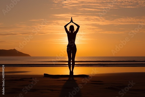On a secluded beach, a fitness enthusiast demonstrates strength and focus, striking a yoga pose amidst the calmness of sunrise