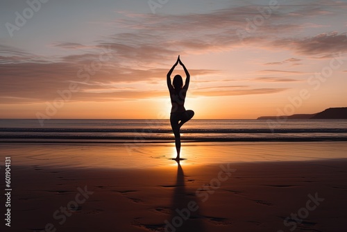 A yoga enthusiast embraces the stillness of the morning, finding balance and tranquility on a serene beach while striking a beautiful pose