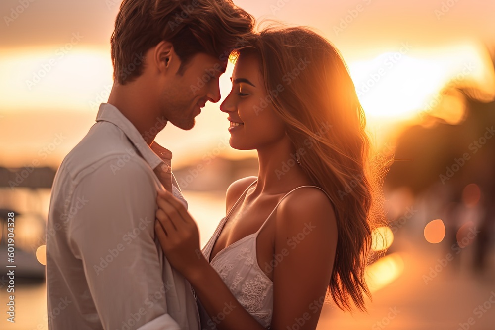 In the warm glow of a romantic beach sunset, a young couple shares an intimate embrace, their smiles radiating pure joy In the warm glow of a romantic beach sunset, a young couple shares an intimate embrace, their smiles radiating pure joy
