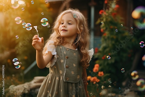 A joyful child blowing bubbles in a colorful garden