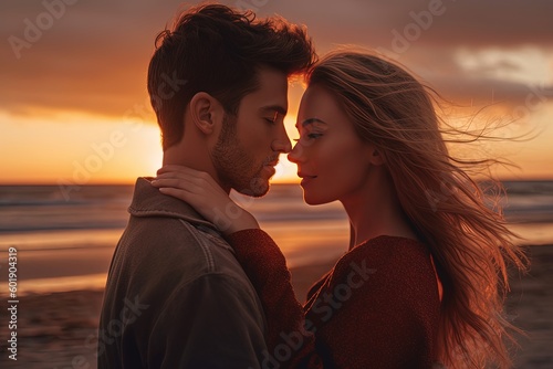 In the warm glow of a romantic beach sunset, a young couple shares an intimate embrace, their smiles radiating pure joy