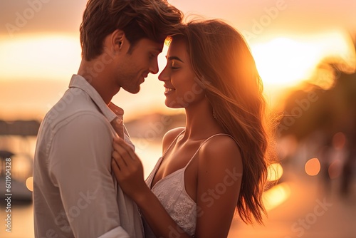 In the warm glow of a romantic beach sunset, a young couple shares an intimate embrace, their smiles radiating pure joy