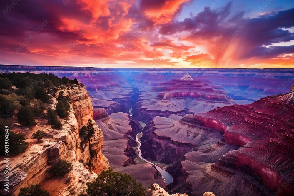 Grand Canyon National Park in Arizona, United States of America at sunset. Generative AI.