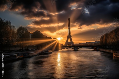 Eiffel tower and river Seine at sunset, Paris, France. Generative AI. 
