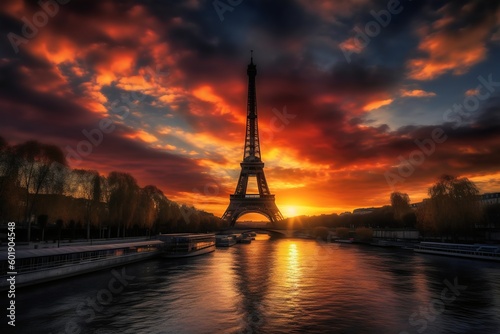 Beautiful view of the Eiffel Tower at sunset in Paris, France. Generative AI. 