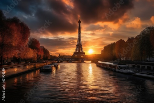 Beautiful view of the Eiffel Tower at sunset in Paris, France. Generative AI. 