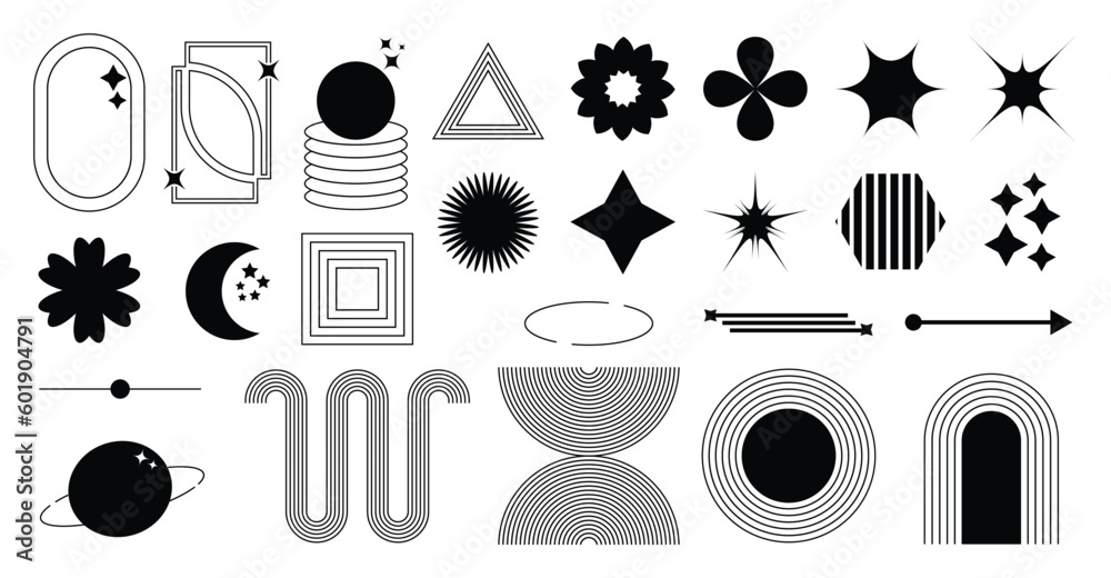 Set of geometric shapes in trendy 90s style. Black trendy design with frame, sparkles, star, flower, moon, lines. Y2k aesthetic element illustrated for banners, social media, poster design, sticker.