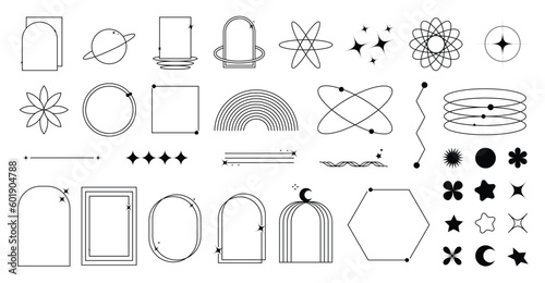 Set of geometric shapes in trendy 90s style. Black trendy design with frame, sparkles, star, flower, moon, lines. Y2k aesthetic element illustrated for banners, social media, poster design, sticker.