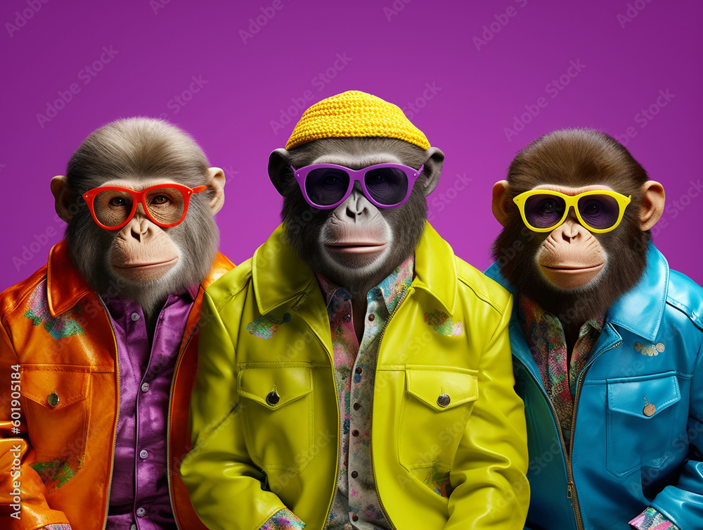 Popstar Monkeys in a Fashionable and Vibrant Group Photo | Generative AI Popstar Monkeys in a Fashionable and Vibrant Group Photo | Generative AI