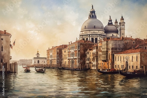 Watercolor painting of Venice: capturing the city and gondolas in Italy. Generative AI © Zoe