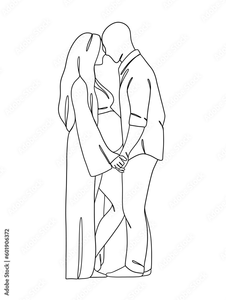 Continuous one line drawing of pregnant woman with husband. Vector illustration. Continuous one line drawing of pregnant woman with husband. Vector illustration.