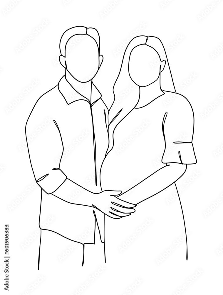 Continuous one line drawing of pregnant woman with husband. Vector illustration. Continuous one line drawing of pregnant woman with husband. Vector illustration.
