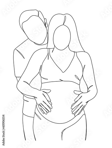Continuous one line drawing of pregnant woman with husband. Vector illustration.
