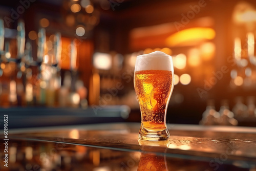 An image of a closeup shot of a glass of beer on a table - Generative AI