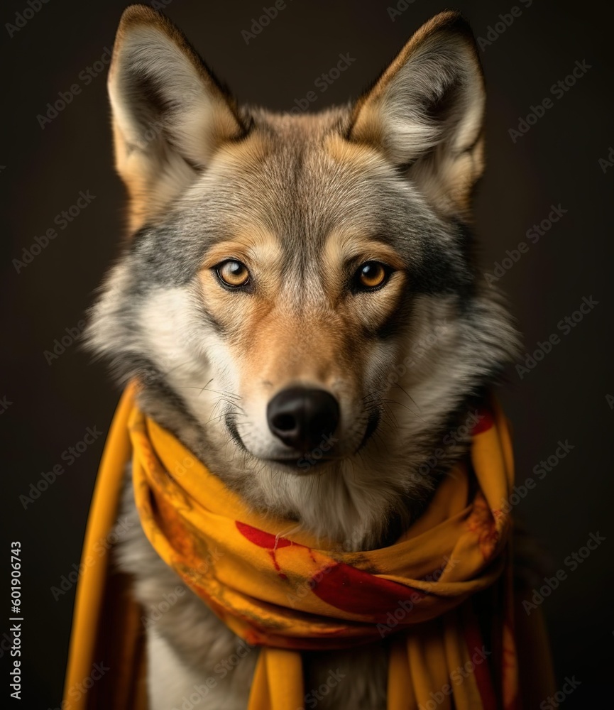 smiling grey wolf with scarf in a grey background, portrait created by generative AI technology.