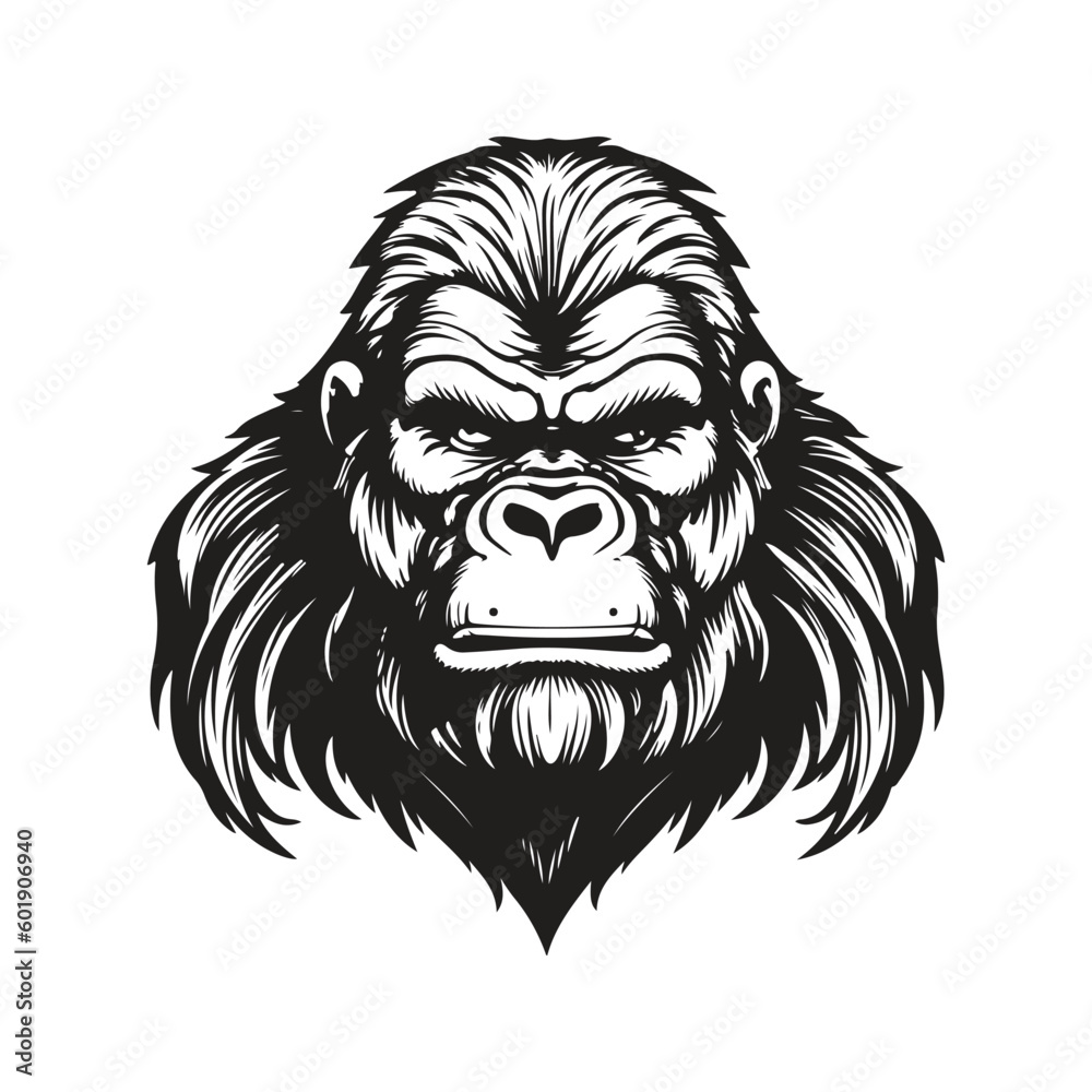 gorilla mascot, vintage logo line art concept black and white color, hand drawn illustration