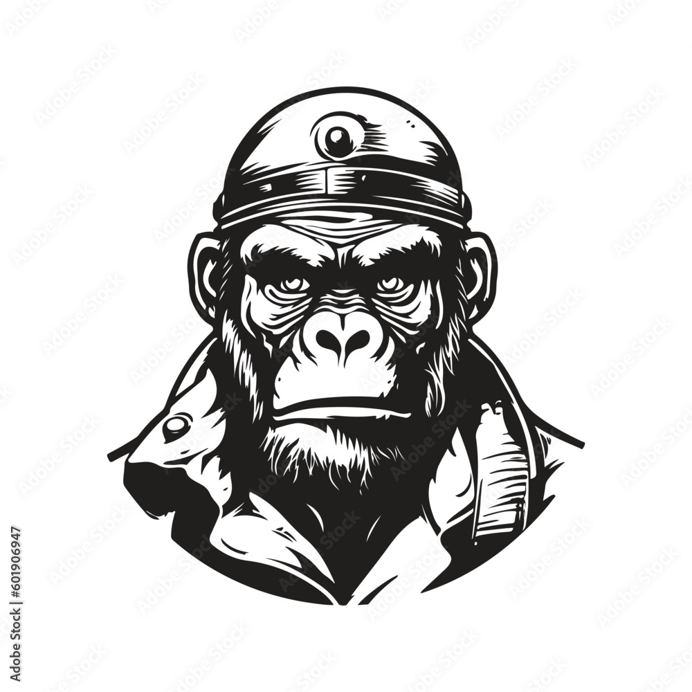 gorilla soldier, vintage logo line art concept black and white color, hand drawn illustration