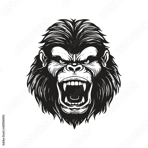 gorilla mascot, vintage logo line art concept black and white color, hand drawn illustration