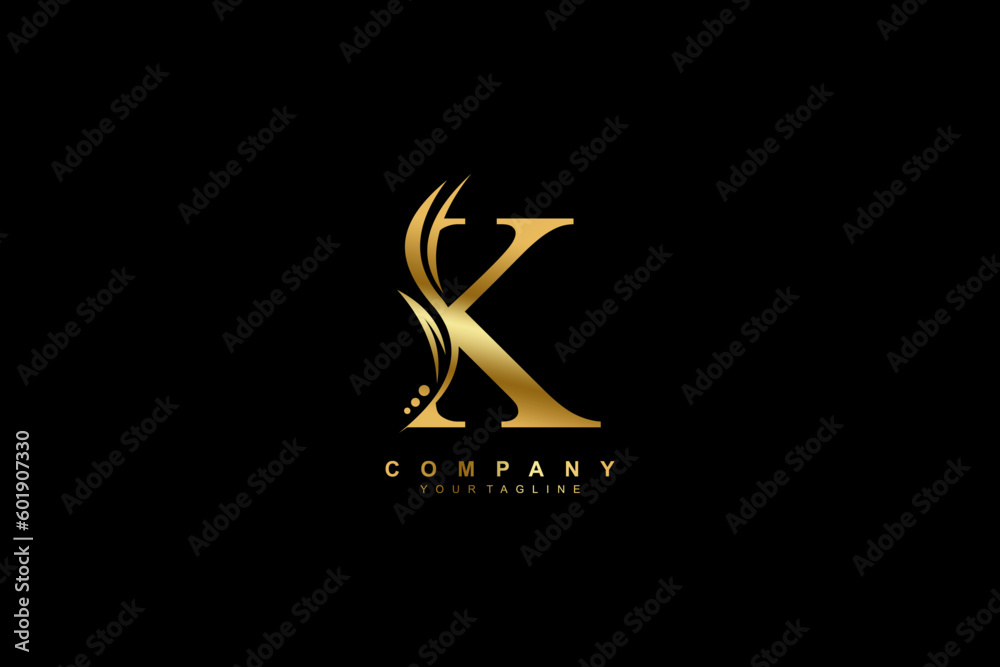 Luxury gold K logo design with feather. premium K letter monogram logo. suitable for business logos, beauty logos, company logos, boutiques, spas, salons, etc - obrazy, fototapety, plakaty 