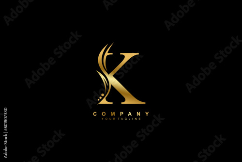 Luxury gold K logo design with feather. premium K letter monogram logo. suitable for business logos, beauty logos, company logos, boutiques, spas, salons, etc