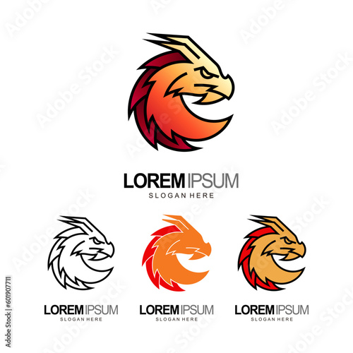 dragon logo with 3d, flat and line style in orange and red color