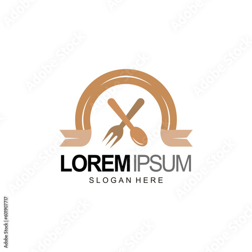 vintage restaurant logo, spoon, fork and ribbon combination logo with brown color