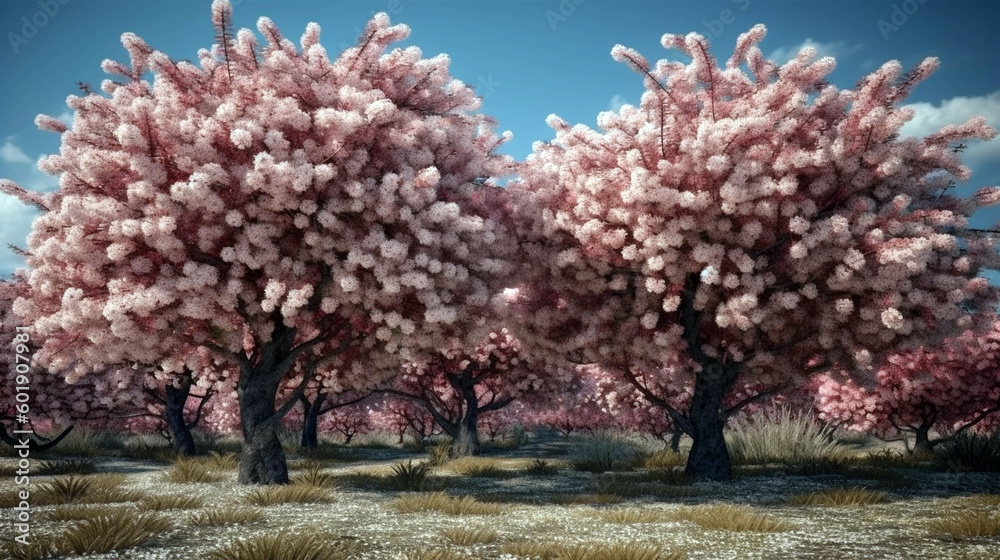 gorgeous cherry trees in full blossom flowers. Beautiful cherry blossoms landscape. AI Generative