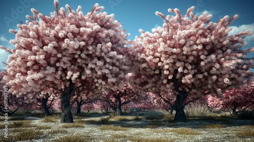 gorgeous cherry trees in full blossom flowers. Beautiful cherry blossoms landscape. AI Generative
