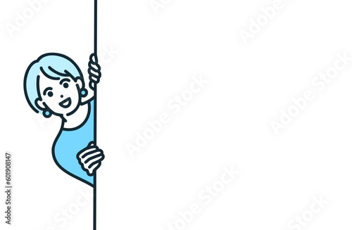 壁から顔を出す女性。メッセージボードの後ろから覗き込むビジネスパーソンのイラスト素材。