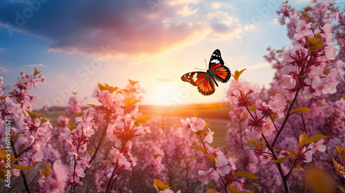 spring blossoms landscape with butterfly