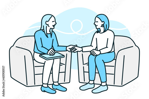 ウンセラーのサポートで笑顔を取り戻す。診療で不安が拭えた女性のイラスト素材。