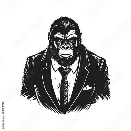 gorilla wearing suit, vintage logo line art concept black and white color, hand drawn illustration