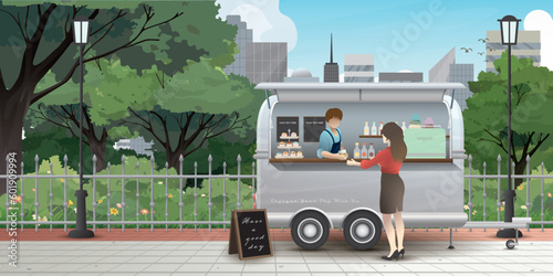 Street cafe van trailer at the park with skyscrapers behind. Barista in coffee truck serving hot drink to office woman. Small business and street food concept vector illustration.