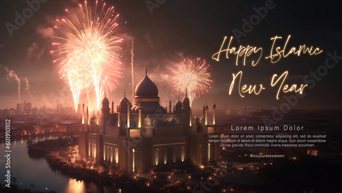 Happy Islamic New Year Poster Concept with Mosque and Fireworks Background. AI Generative Image photo