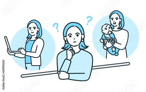 仕事と家庭。結婚したキャリア女性がワークライフバランスについて考えるイラスト素材。