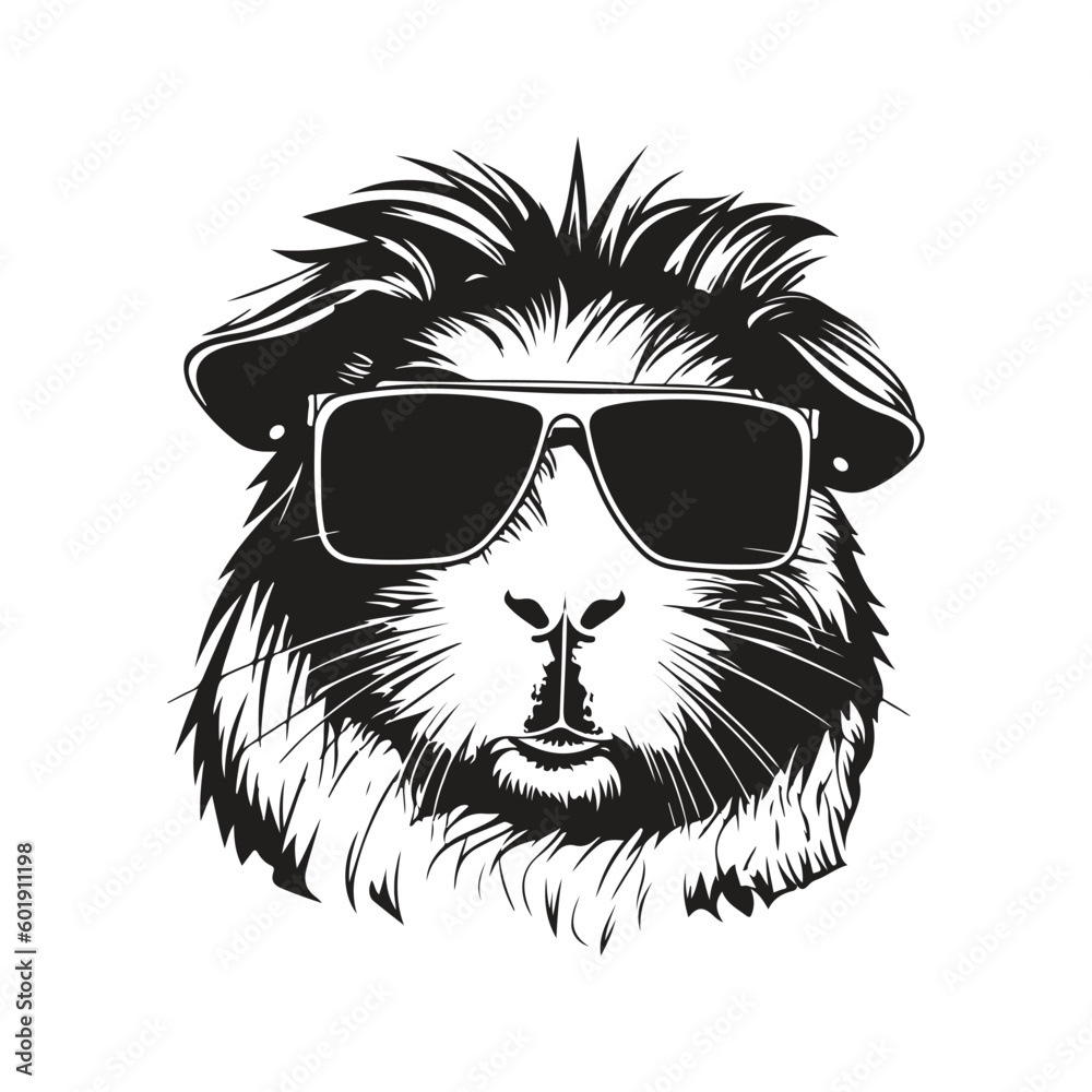 guinea pig wearing sunglasses, vintage logo line art concept black and white color, hand drawn illustration