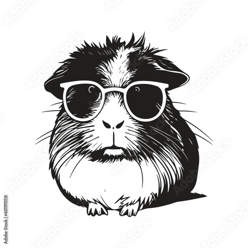 guinea pig wearing sunglasses, vintage logo line art concept black and white color, hand drawn illustration