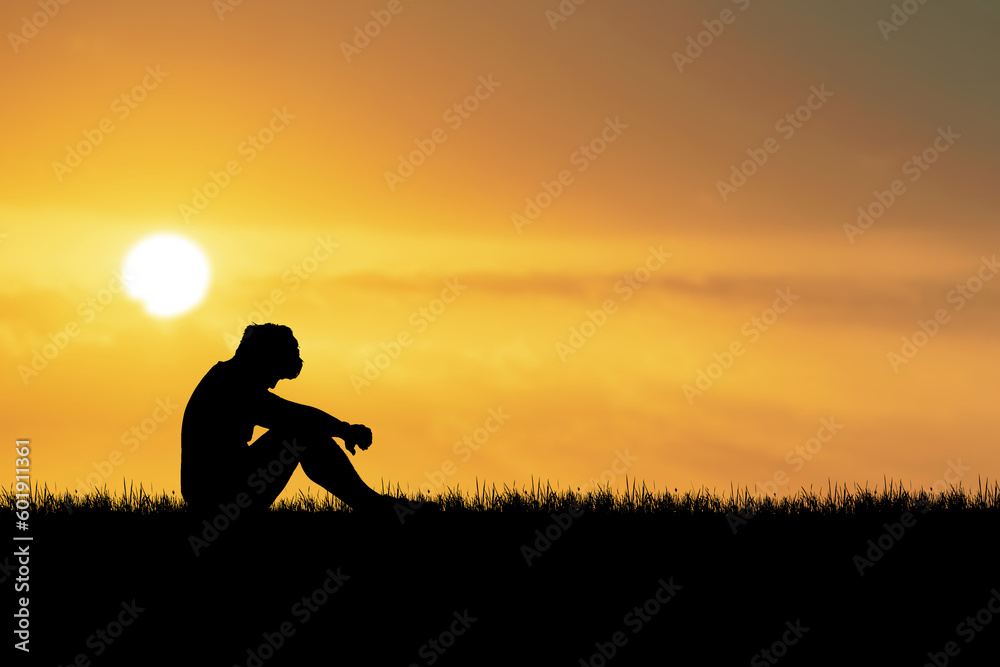 The concept of loneliness, heartbreak, unemployment, forsaken God. Silhouette of a Desperate Man in the Prairie