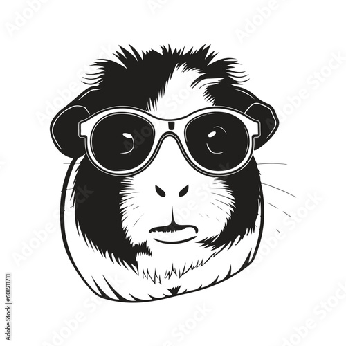 guinea pig wearing sunglasses, vintage logo line art concept black and white color, hand drawn illustration