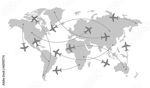 Flight of airplane on world map. Worldwide travel and transportation concept #601911774