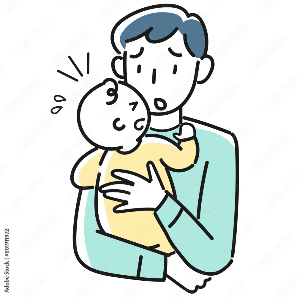 泣く赤ちゃんを抱いて困っている若い男性の上半身