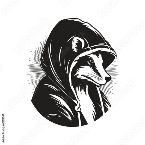 skunk wearing hoodie, vintage logo line art concept black and white color, hand drawn illustration