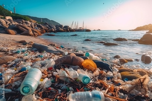 polluted beach with a lot of garbage, environmental pollution, marine pollution, Generative AI, water pollution, soil pollution, noise pollutio