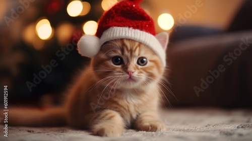 Cute kitty in santa's red hat is sitting near a Christmas tree. Bokeh background. Christmas and new year card. Generative ai