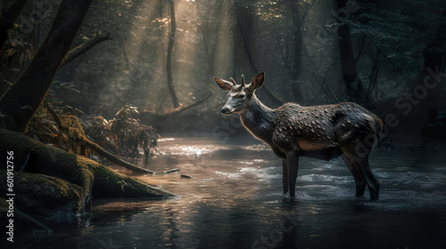 Animal in a forest nature photography with atmospheric lighting. A deer stands in a forest with the sun shining on it. Realistic 3D illustration. Generative AI