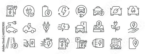 Electric car, charging station thin line icons. Editable stroke. For website marketing design, logo, app, template, ui, etc. Vector illustration.