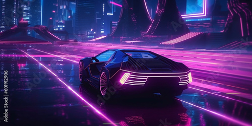 The image of a sports car on the night track of a modern metropolis  in a holographic and neon style. Generative AI