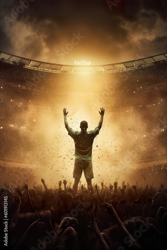 Massive celebration of sport in a cinematic universe. Football scene with cheering audience at the stadium. Celebration of victory in sport. Realistic 3D illustration. Generative AI