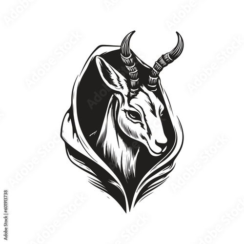 springbok hooded, vintage logo line art concept black and white color, hand drawn illustration